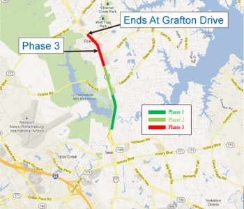 This map shows the three phases of the Route 17 widening in York County. The first phase begins near Hampton Highway and is highlighted here with a dark green. (Photo courtesy Virginia Department of Transportation)