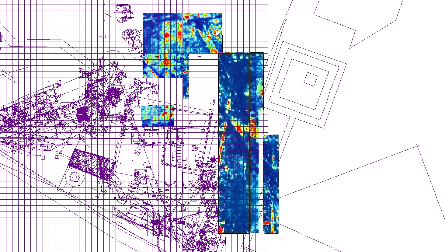 This map shows James Fort in purple. The squares with blue, green and red are the maps produced by the ground-penetrating radar. Dark blue means there is probably nothing but dirt at that spot, while green and red signify hard material likely from the James Fort days. (Photo courtesy Jamestown Rediscovery)