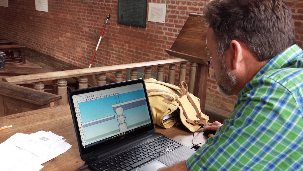 Dave Givens models the Chancel rail in using mapping data in SketchUp. (Courtesy Jamestown Rediscovery)