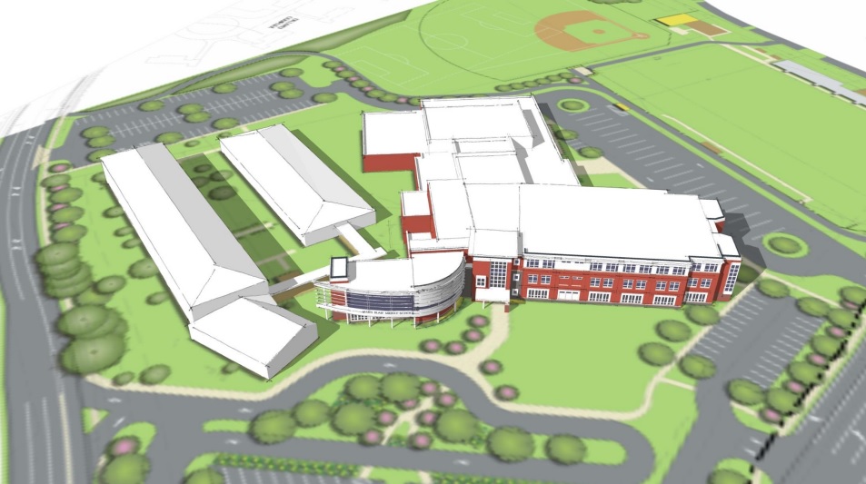 A bird's-eye view of WJCC schools' proposed fourth middle school from the vantage point of Longhill Road at Ironbound Road. (Image courtesy of Waller, Todd & Sadler Architects)