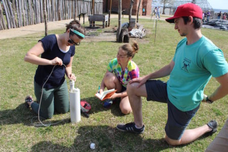 William & Mary geology students collect data from wells around Jamestowne. From left to right: Pamela Braff, Jacqueline Huettenmoser and Vincent Cunningham.