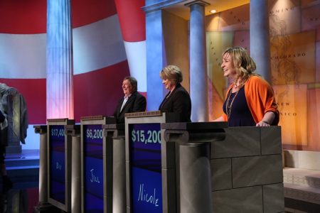 Nicole Throckmorton (right) warms up for her semifinal match in the "Jeopardy!" Teachers Tournament at DAR Constitution Hall in Washington, D.C. (Photo courtesy of Jeopardy! Inc.)