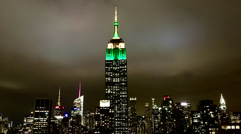 Green and gold: The Empire State Building was illuminated in green and gold Thursday evening in honor of the nearly 13,000 W&M alumni, parents and friends in the New York City area and over 97,000 alumni around the globe. As of Friday morning, nearly 34,000 people viewed a live video of the lighting on the William & Mary Alumni Association's Facebook page. (Photo courtesy of University Advancement)