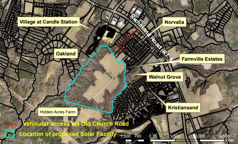 A map of the site for the proposed solar farm, and the access point via Old Church Road. (Courtesy James City County)