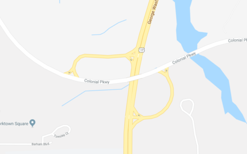 Police investigation shows Gregory Hicks, 75, of Yorktown, was driving northbound on Route 17 and attempted to turn across the southbound lanes, toward the Colonial Parkway, when he was involved in a car crash. (WYDaily/Courtesy of Google Maps)
