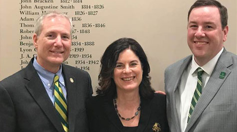 President Rowe with Fox (l) and Martin (r) after her announcement in February 2018 as the university's 28th president. (WYDaily/Todd A. Stottlemyer ‘85)