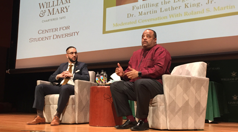 Roland Martin (right) served as the keynote speaker for the 2019 Martin Luther King Jr. commemoration at William & Mary on Jan. 31. The discussion was moderated by Bobak Kasari (left), assistant to the dean of students. (WYDaily/Courtesy Jo Rozycki '20)