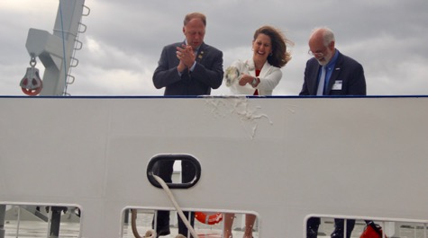 Virginia First Lady Pam Northam christens VIMS' new flagship research vessel Virginia in a ceremony on the Yorktown waterfront. From left to right: William & Mary Rector John Littel, Northam and VIMS Dean and Director John Wells. (WYDaily/Courtesy of C. Katella, VIMS)