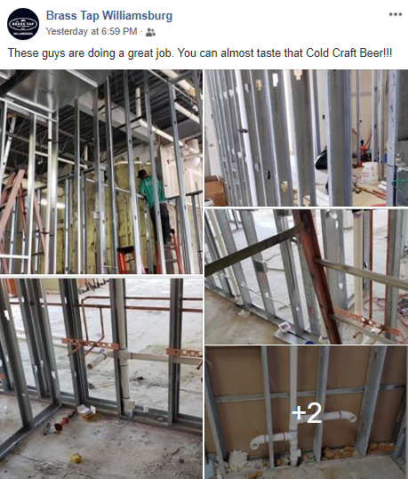 A Facebook post gives a construction update for the Brass Tap of Williamsburg in New Town. (WYDaily/Courtesy of Facebook, Brass Tap of Williamsburg)