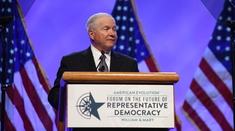 Robert M. Gates ’65, L.H.D. ’98 speaks in Kaplan Arena Wednesday morning. (WYDaily/Courtesy of Stephen Salpukas)