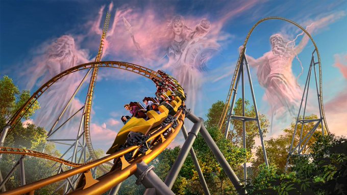 On Tuesday, Busch Gardens released a rendering of Pantheon image on Twitter showing a yellowish track with a car full of riders streaking through the trees. (WYDaily/Courtesy of Busch Gardens Williamsburg Twitter)