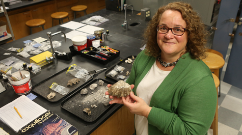 William & Mary archaeologist Jennifer Kahn examines artifacts from one of her numerous excavations of human sites in the islands of Oceania. Kahn contributed knowledge from Hawaii, Micronesia and Polynesia to a synthesis paper in “Science” that challenges the traditional notion of the Anthropocene. (WYDaily/Courtesy of Stephen Salpukas)