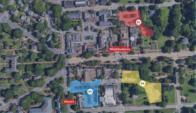This image shows the three parking lots which would be improved if the city and the Colonial Williamsburg Foundation reach a lease and management agreement. (WYDaily/ Courtesy of the city of Williamsburg)