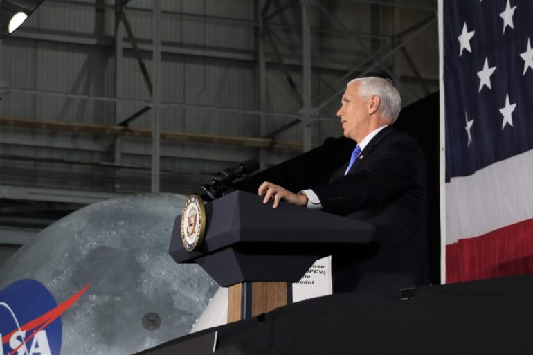 Vice President Mike Pence addresses an audience at NASA Langley Research Center in Hampton Wednesday, Feb. 19, 2020. (WYDaily/Lucretia Cunningham)