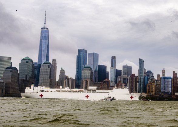 The hospital ship USNS Comfort departs New York Harbor after treating patients in New York and New Jersey. The ship and its embarked medical task force remain prepared for future tasking. The Navy, along with other U.S. Northern Command dedicated forces, remains engaged throughout the nation in support of the broader COVID-19 response.(U.S. Navy photo by Mass Communication Specialist 3rd Class Brendan Fitzgerald/Released)