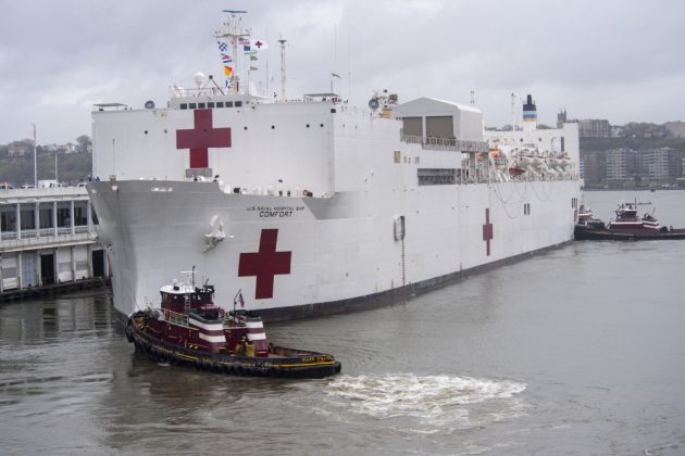 The hospital ship USNS Comfort (T-AH 20) departs New York Harbor after treating patients in New York and New Jersey. The ship and its embarked medical task force remain prepared for future tasking. The Navy, along with other U.S. Northern Command dedicated forces, remains engaged throughout the nation in support of the broader COVID-19 response.(U.S. Navy photo by Mass Communication Specialist 3rd Class Keia Randall/Released)